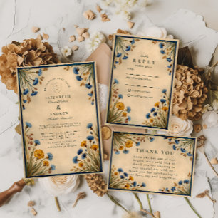 Cartão De Agradecimento Casamento de Flor Silvestre Azul Vintage