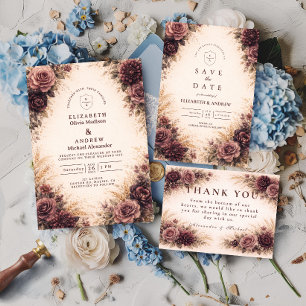 Cartão De Agradecimento Casamento Floral de Outono Burgundy Mal-humorado