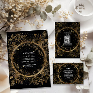 Cartão RSVP Casamento Místico Celestial Negro e Dourado