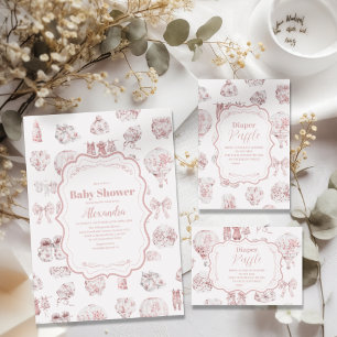 Convite Chá de fraldas Toile De Jouy de roupas cor-de-rosa