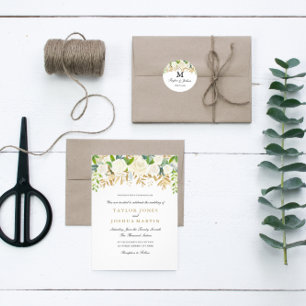 Convite Dourado Floral de Casamento por Aquarela