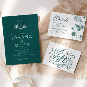 Convite Vintage Botanical Monogram Jade Wedding Invitation