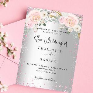 Convite Florais cor-de-rosa-prata brilham casamento elegan