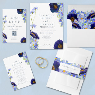 Reserve A Data Casamento Azul Floral de Verão Elegante