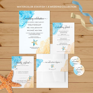 Convite Watercolor Sea + Sand Modern Beach Event Weding