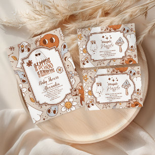 Convite Retro Grooven Halloween Pequeno Chá de fraldas Boo