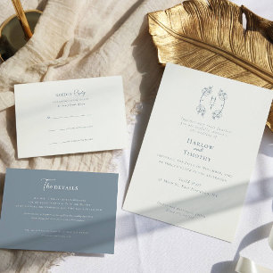 Convite Casamento Azul Pó-Pato-Floral do Monograma Elegant