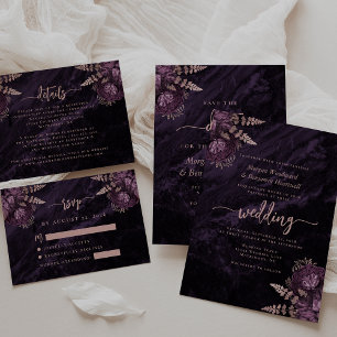 Cartão De Informações Roxo Floral Ágata Dourado Rosa Casamento RSVP
