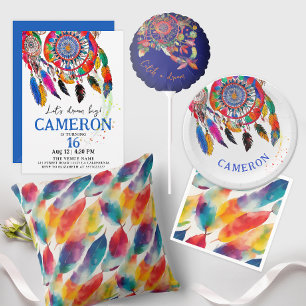 Prato De Papel Boho Colorida Dreamcatcher Bday Feather Watercolor