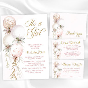 Cartão De Agradecimento Chá de fraldas do balão Dourado Cor-de-rosa