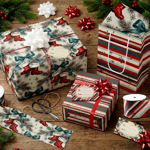 Sacola Para Presentes Média Flocos de Neve de Natal Vintage com Listras Mancha