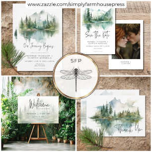 Cartão De Agradecimento Casamento por Aquarela Rustic Mountain Lake Scene