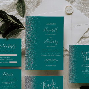 Convite Casamento Azul Teal Prata Moderno com Brilho na Bo