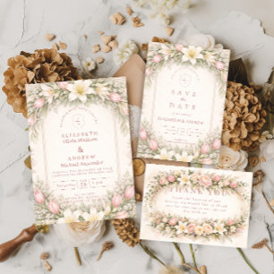 Convite Casamento no Jardim de Tulipas e Lírios Rosa