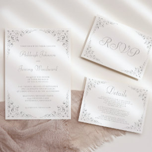 Convite Elegante Quadro Botânico de Letra Prata Casamento