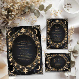 Convite Tarot Celestial Weding Sun Moon Stars Dourado