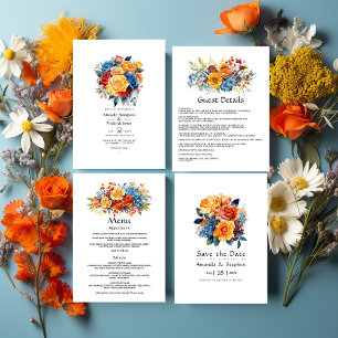Convite Casamento Floral Azul, Laranja, Amarelo e Vermelho