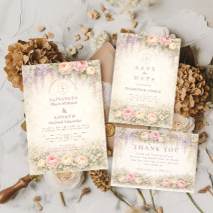 Cartão De Agradecimento Casamento no Jardim com Rosa Wisteria Rosada