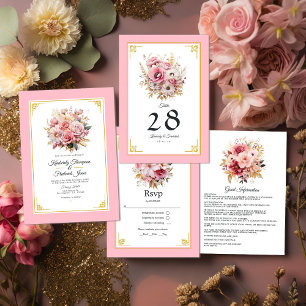 Cartão RSVP Casamento Dourado e rosa