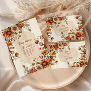 Cartão De Informações Rust Terracotta Flowers Fralda Raffle Chá de frald