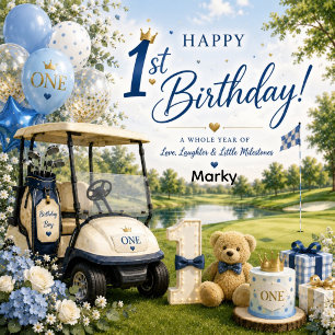 Adesivo Quadrado Aniversário de 1 ano de golfe com carrinho de golf
