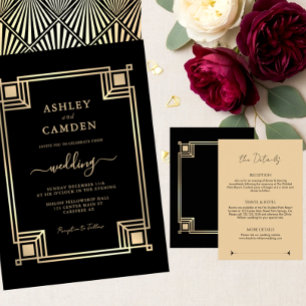 Convite Casamento Preto com Moldura Dourada Elegante Art D