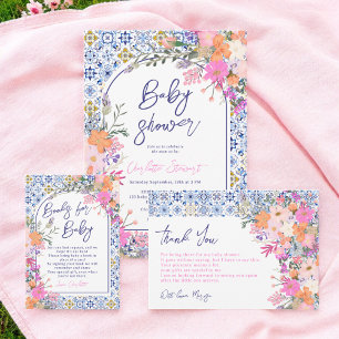 Cartão De Informações Livros florais de azulejos azuis italianos para ch