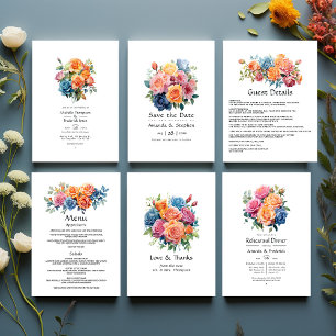 Convite Casamento Floral Azul, Rosa, Laranja e Verde