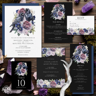 Cartão De Informações Casamento Floral Roxo Gótico de Corvos em Aquarela