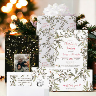 Convite Ramos Rustic Green Pine Filiais de Natal Elegante