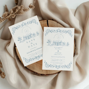 Convite Casamento Barroco em Azul Poeirento Chateau