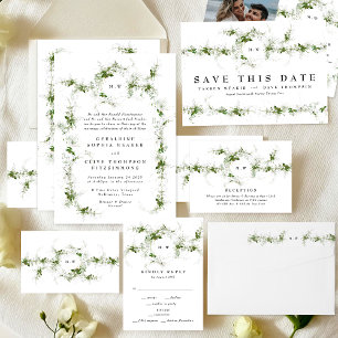 Convite Casamento Elegante Eucalyptus Wreath Monograma