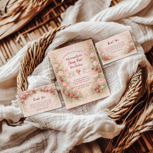 Cartão De Agradecimento Tema Floral Vintage Morango Aniversário de 1 Ano