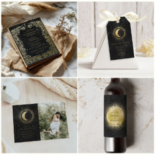 Convite Casamento de Estrelas Douradas Negras Celestiais à