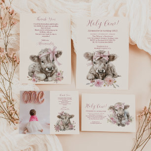 Cartão De Agradecimento Primeiro aniversario de Vaca Floral Highland Pink