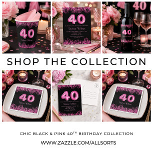Chaveiro Chic Glitter Rosa Preto Aniversário de 40 anos 