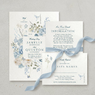 Convite Casamento de Papel Falso de Florais Azul Elegante