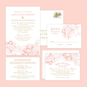 Reserve A Data Elegante Floral Peony Wedding Coral e Dourado