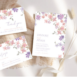 Convite Casamento de Flor Selvagem Rosa-Lavanda Elegante