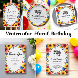Convite Boho Watercolor Floral Garden Summer 50º Aniversár