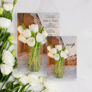 Mason Jar White Tulips Country Barn Weding RSVP