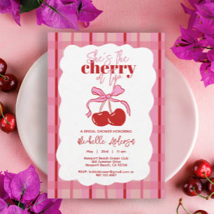 Convite Cereja no Topo Desenhado à Mão Rosa Vermelho Chá d