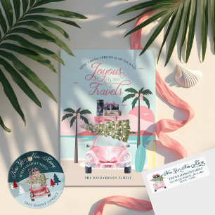 Cartão De Festividades Quente Desperta Palmeiras Tropicais e Carro Retro 