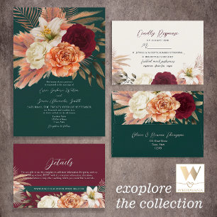 Convite Código QR de Casamento Floral de Emerald Green