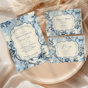Cartão RSVP Casamento Elegante Blue Toile De Jouy