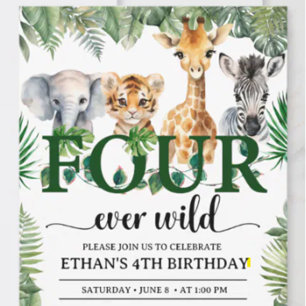 Convite Quatro Selvagens Safari Animais da Selva Aniversár