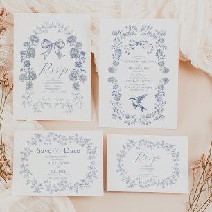 Reserve A Data Casamento Floral Azul-Vintage, Francês Elegante