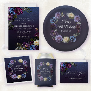Prato De Papel aniversário de 40 anos Personalizado com Flor Roxo