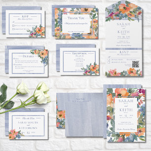 Convite Casamento de Moldura Floral de Peach & Blue Waterc
