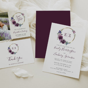 Convite Monograma Casamento Floral Púrpura Púrpura